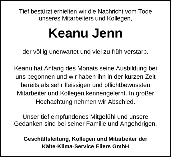 Traueranzeige von Keanu Jenn von Nordwest-Zeitung