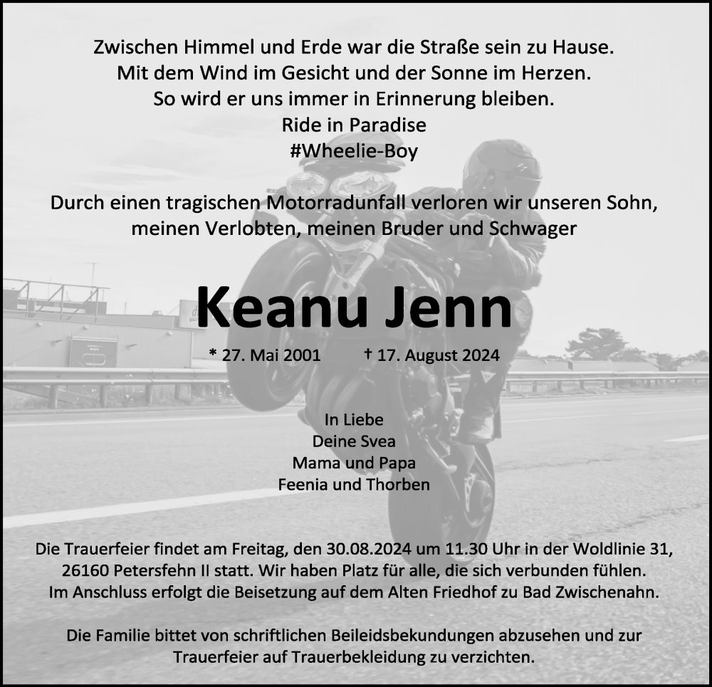  Traueranzeige für Keanu Jenn vom 24.08.2024 aus Nordwest-Zeitung