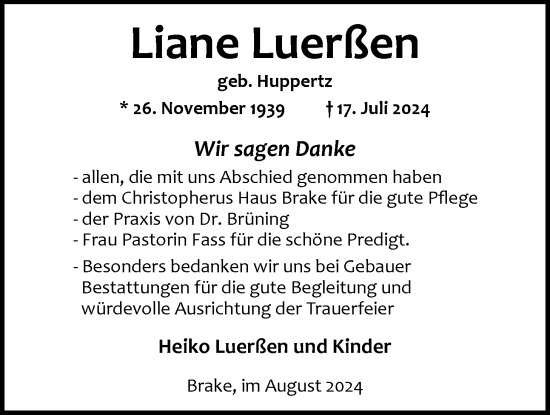 Traueranzeige von Liane Luerßen von Nordwest-Zeitung