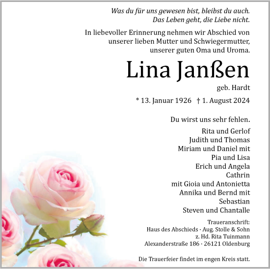 Traueranzeige von Lina Janßen von Nordwest-Zeitung