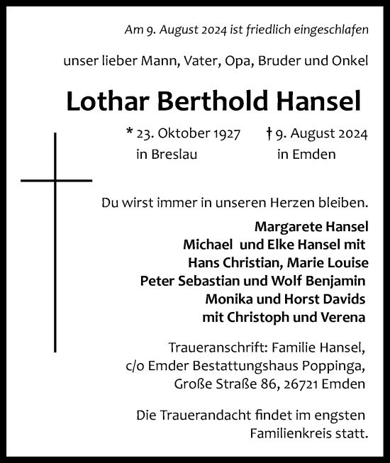 Traueranzeige von Lothar Berthold Hansel von Emder Zeitung