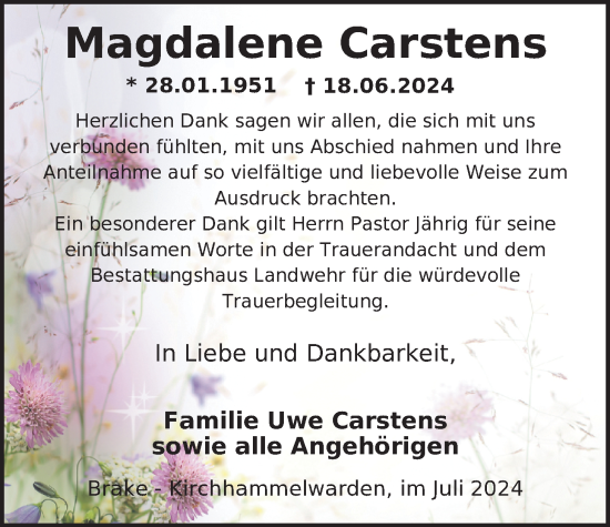 Traueranzeige von Magdalene Carstens von Nordwest-Zeitung