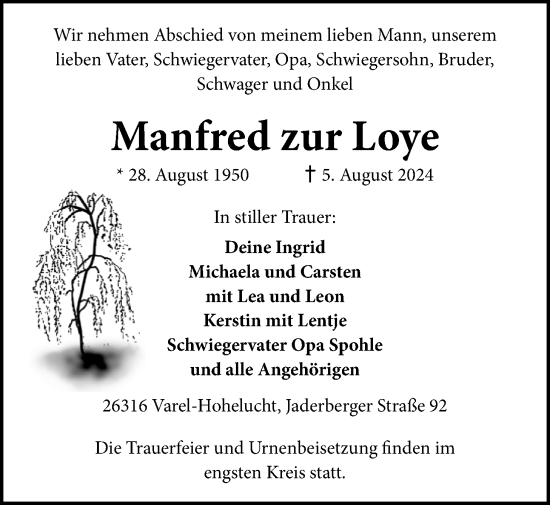 Traueranzeige von Manfred zur Loye von Nordwest-Zeitung