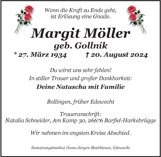 Traueranzeige von Margit Möller von Nordwest-Zeitung