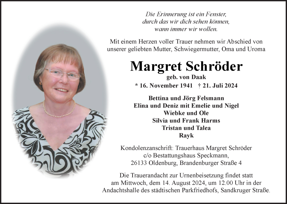  Traueranzeige für Margret Schröder vom 03.08.2024 aus Nordwest-Zeitung