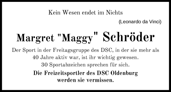 Traueranzeige von Margret Schröder von Nordwest-Zeitung