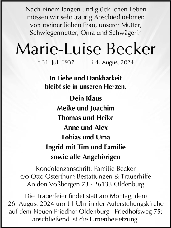 Traueranzeige von Marie-Luise Becker von Nordwest-Zeitung