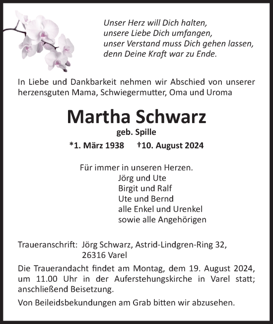 Traueranzeige von Martha Schwarz von Nordwest-Zeitung