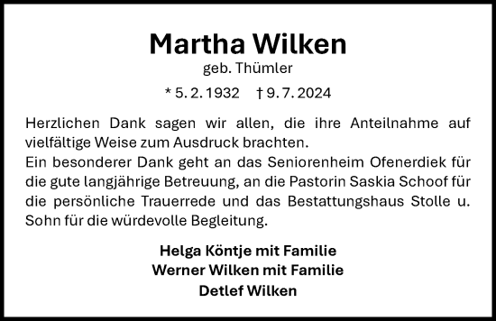 Traueranzeige von Martha Wilken von Nordwest-Zeitung