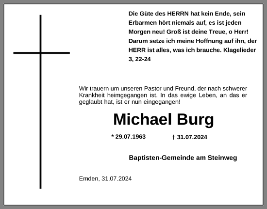 Traueranzeige von Michael Burg von Emder Zeitung