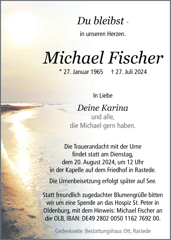 Traueranzeige von Michael Fischer von Nordwest-Zeitung