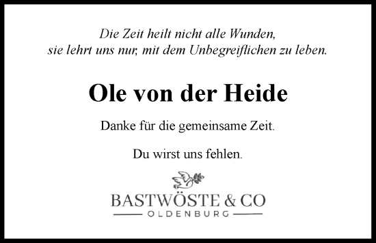 Traueranzeige von Ole von der Heide von Nordwest-Zeitung