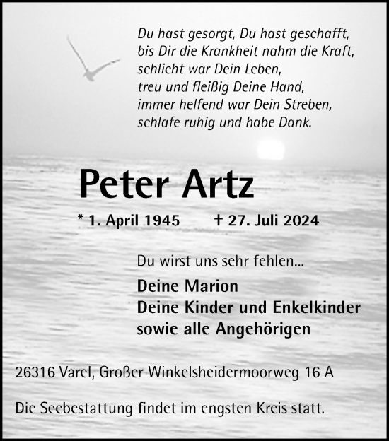 Traueranzeige von Peter Artz von Nordwest-Zeitung