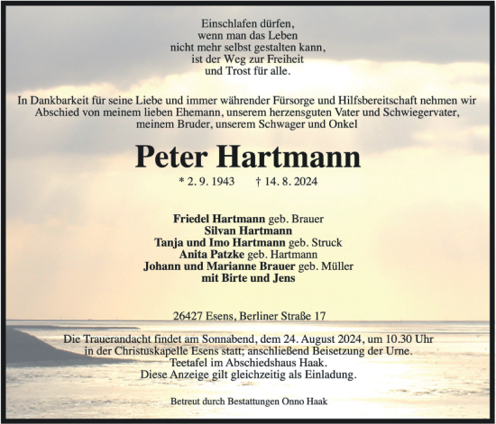 Traueranzeige von Peter Hartmann von WZ/JW/AH