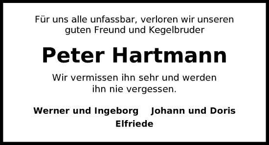 Traueranzeige von Peter Hartmann von WZ/JW/AH