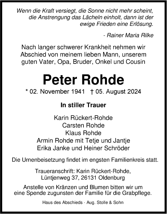 Traueranzeige von Peter Rohde von Nordwest-Zeitung