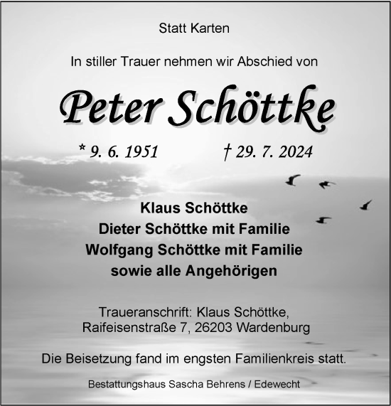 Traueranzeige von Peter Schöttke von Nordwest-Zeitung