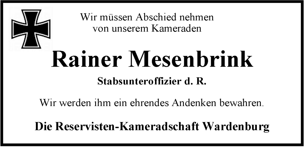  Traueranzeige für Rainer Mesenbrink vom 31.08.2024 aus Nordwest-Zeitung