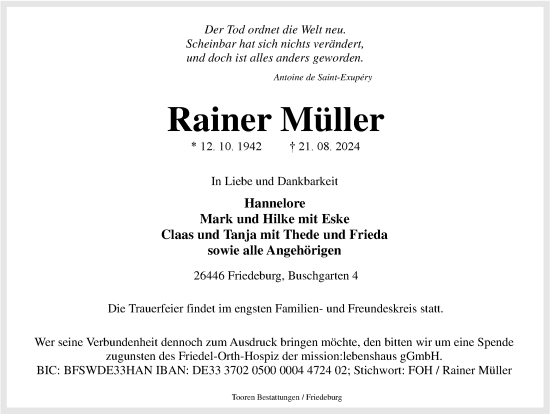 Traueranzeige von Rainer Müller von WZ/JW/AH