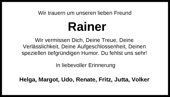 Traueranzeige von Rainer Müller von WZ/JW/AH