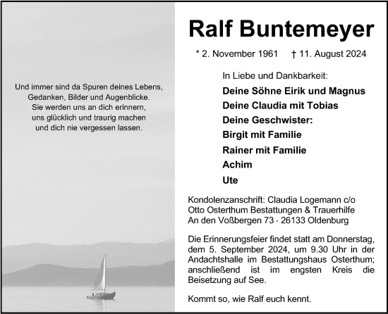Traueranzeige von Ralf Buntemeyer von Nordwest-Zeitung