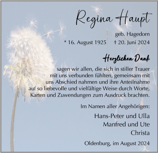 Traueranzeige von Regina Haupt von Nordwest-Zeitung