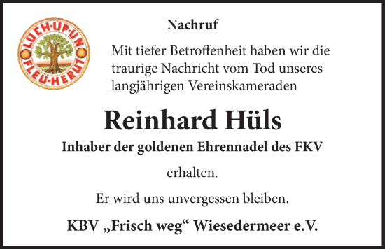 Traueranzeige von Reinhard Hüls von WZ/JW/AH