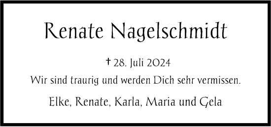 Traueranzeige von Renate Nagelschmidt von Nordwest-Zeitung