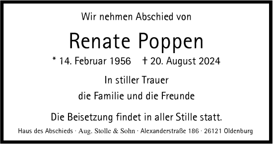 Traueranzeige von Renate Poppen von Nordwest-Zeitung