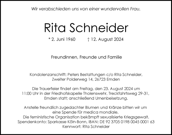 Traueranzeige von Rita Schneider von Emder Zeitung