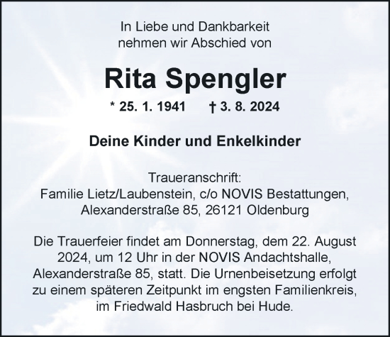 Traueranzeige von Rita Spengler von Nordwest-Zeitung