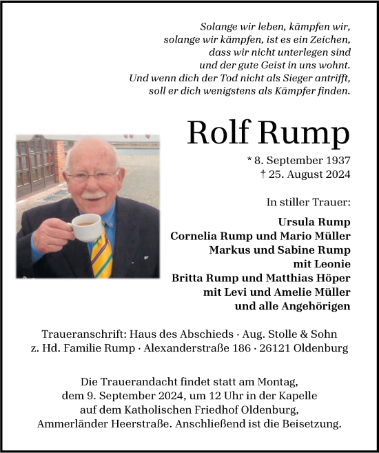 Traueranzeige von Rolf Rump von Nordwest-Zeitung