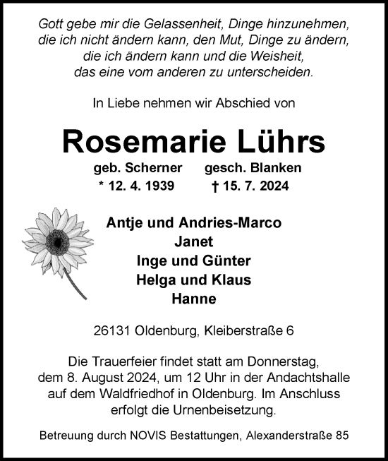 Traueranzeige von Rosemarie Lührs von Nordwest-Zeitung
