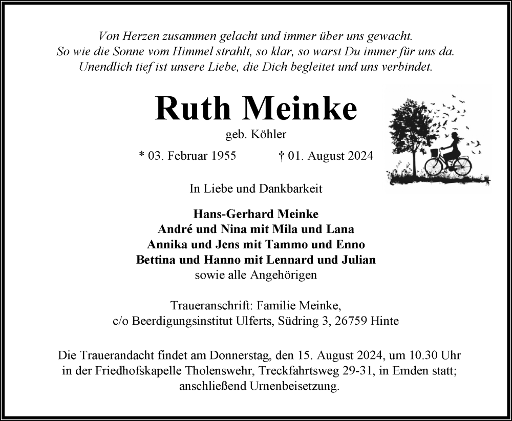  Traueranzeige für Ruth Meinke vom 10.08.2024 aus Emder Zeitung