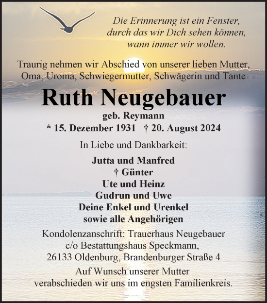 Traueranzeige von Ruth Neugebauer von Nordwest-Zeitung