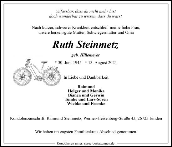 Traueranzeige von Ruth Steinmetz von Emder Zeitung