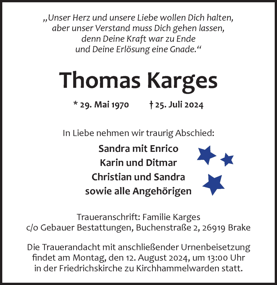  Traueranzeige für Thomas Karges vom 03.08.2024 aus Nordwest-Zeitung