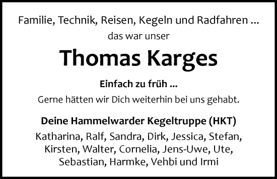 Traueranzeige von Thomas Karges von Nordwest-Zeitung