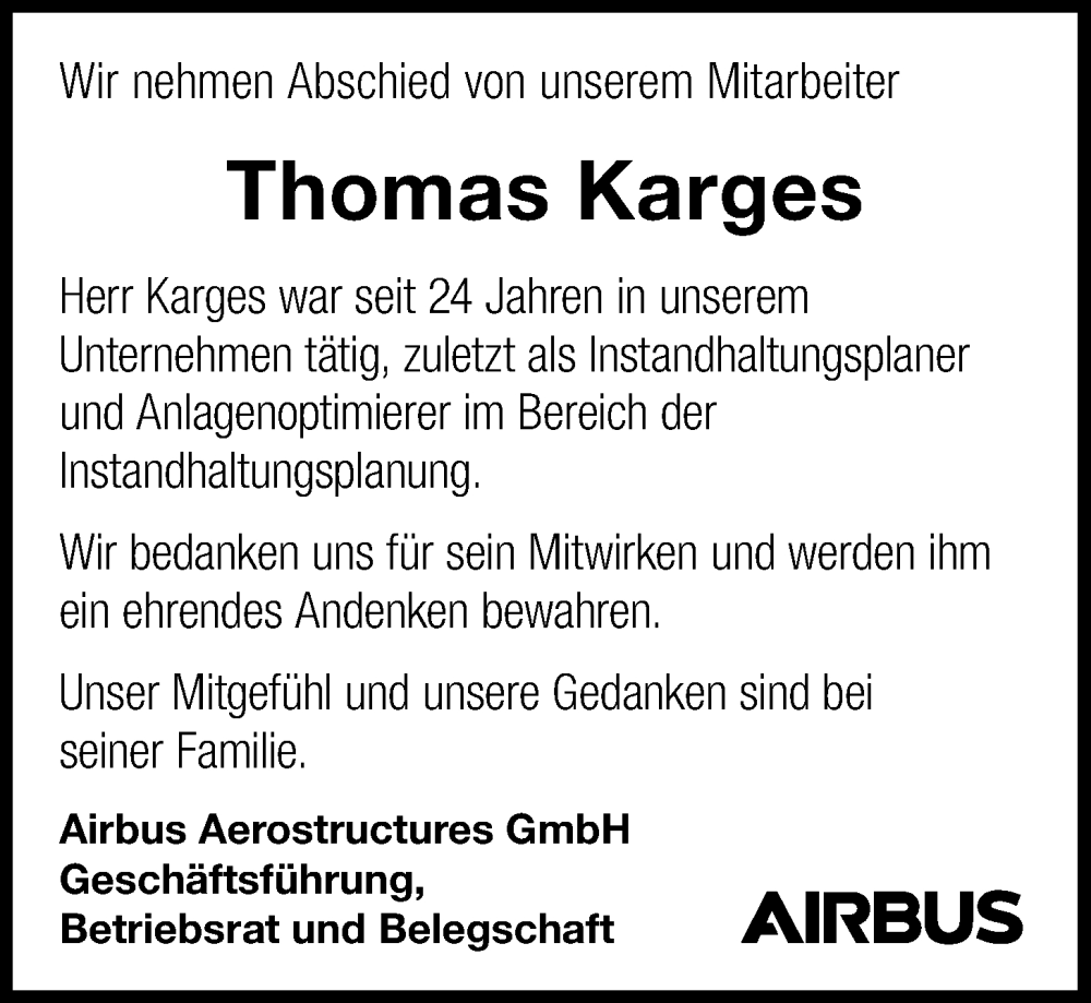  Traueranzeige für Thomas Karges vom 03.08.2024 aus Nordwest-Zeitung