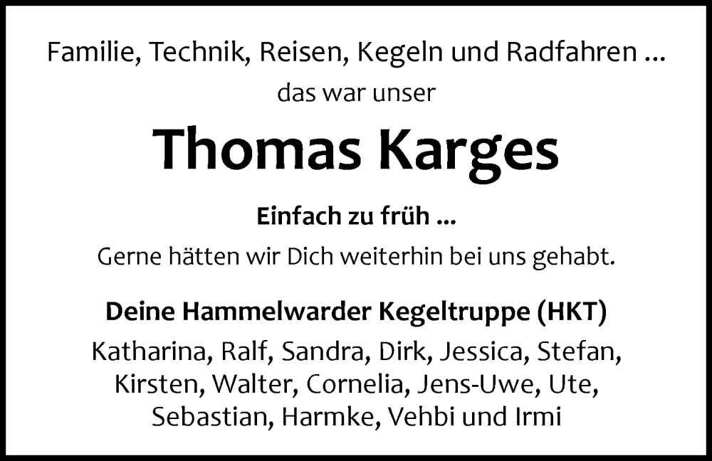  Traueranzeige für Thomas Karges vom 03.08.2024 aus Nordwest-Zeitung