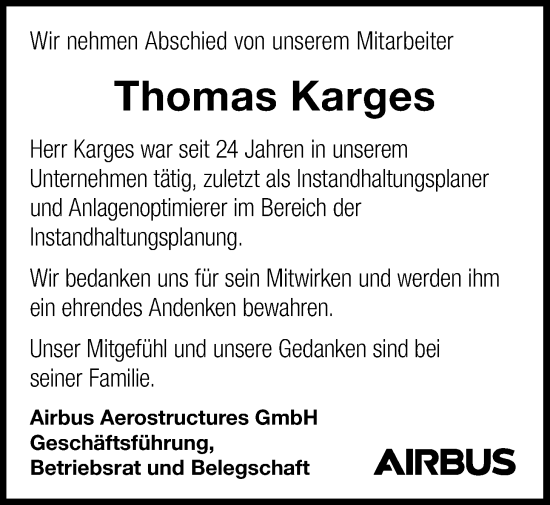 Traueranzeige von Thomas Karges von Nordwest-Zeitung