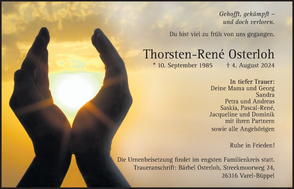  Traueranzeige für Thorsten-Rene Osterloh vom 09.08.2024 aus Nordwest-Zeitung