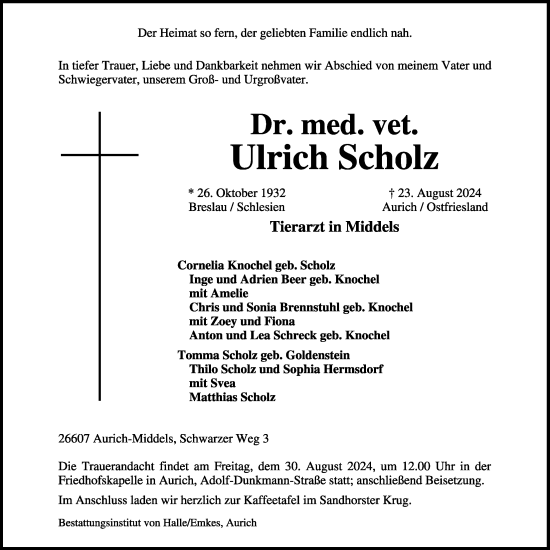 Traueranzeige von Ulrich Scholz von WZ/JW/AH