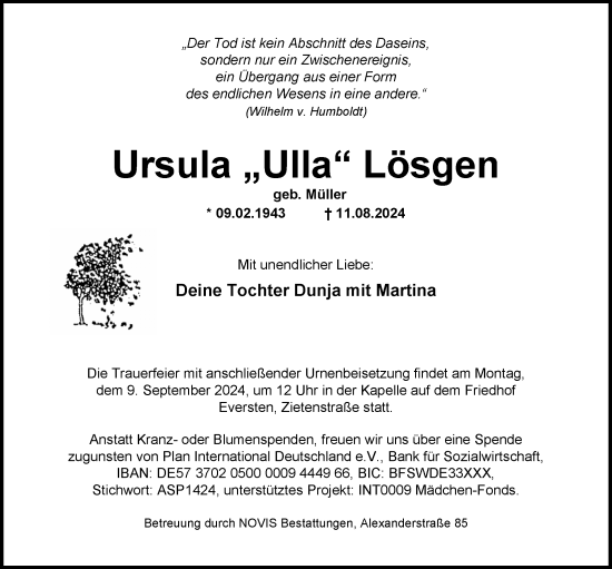 Traueranzeige von Ursula Lösgen von Nordwest-Zeitung