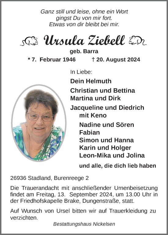 Traueranzeige von Ursula Ziebell von Nordwest-Zeitung