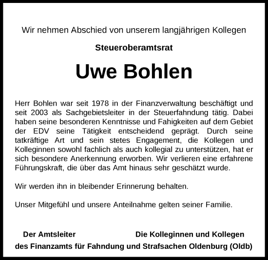Traueranzeige von Uwe Bohlen von Nordwest-Zeitung