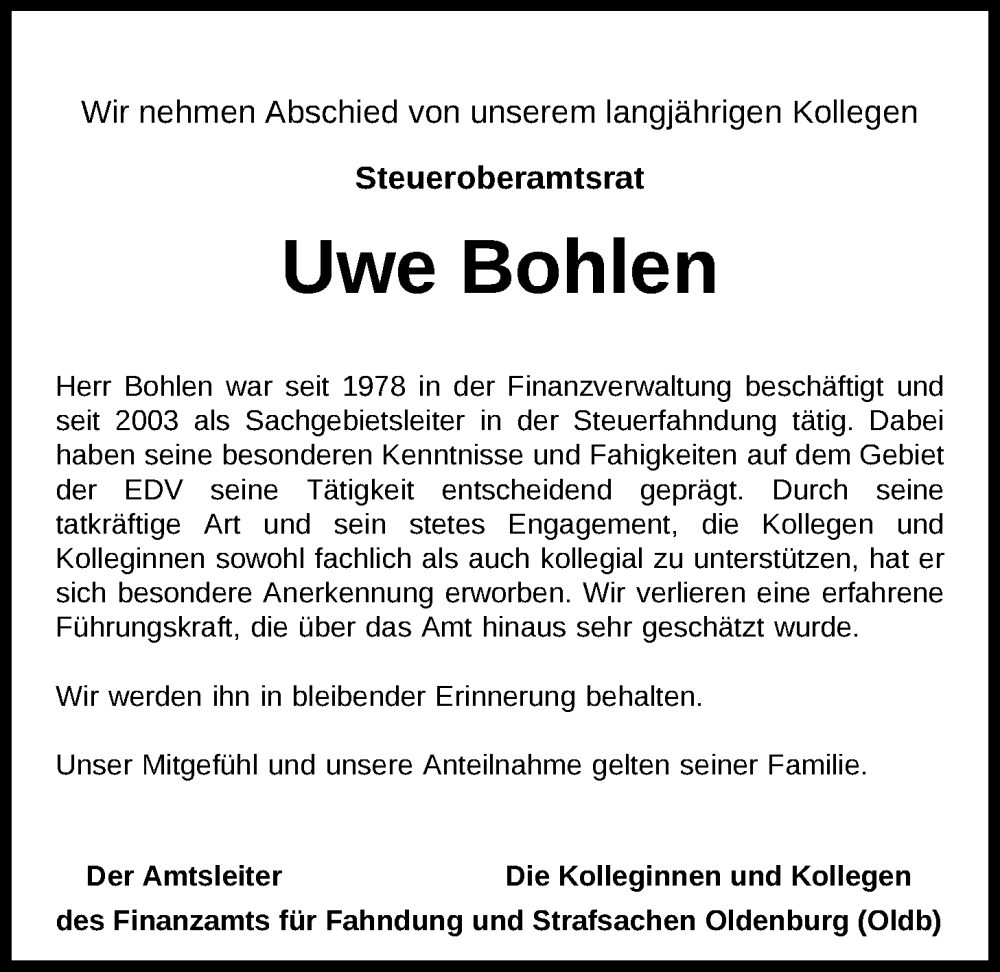  Traueranzeige für Uwe Bohlen vom 03.08.2024 aus Nordwest-Zeitung