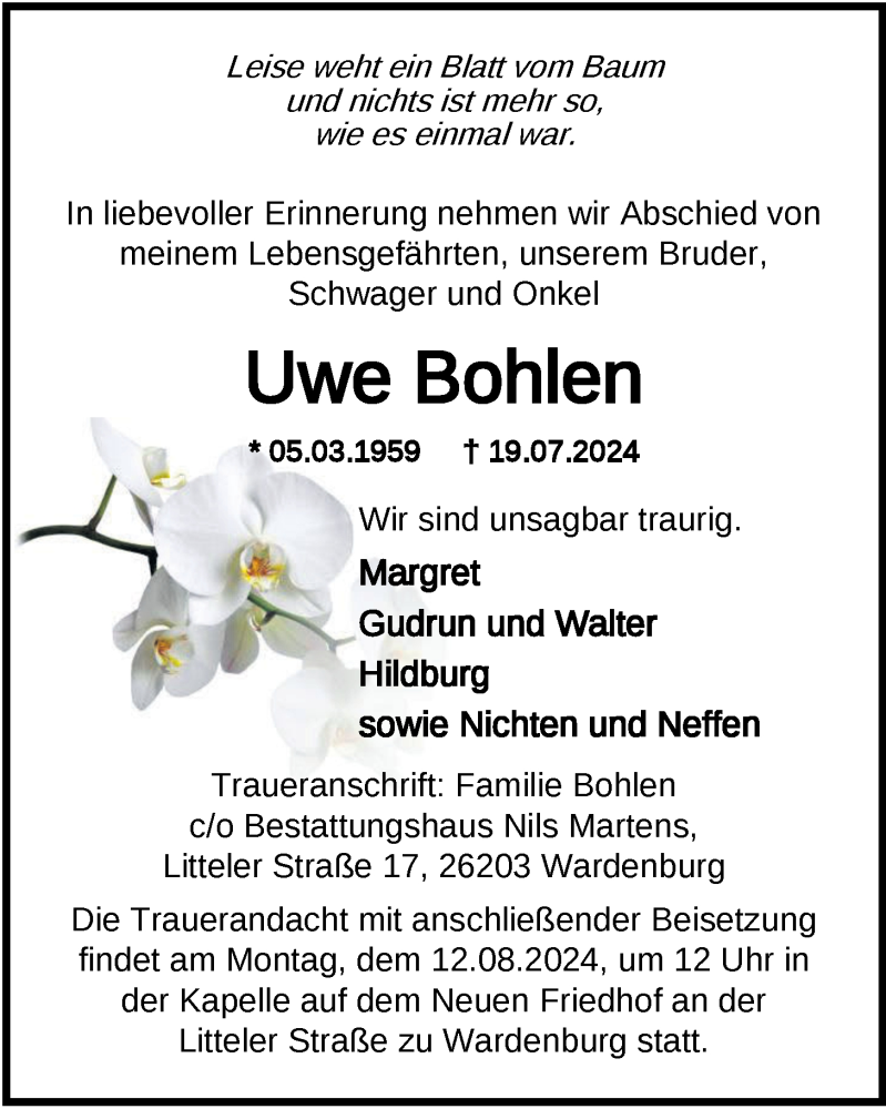  Traueranzeige für Uwe Bohlen vom 03.08.2024 aus Nordwest-Zeitung