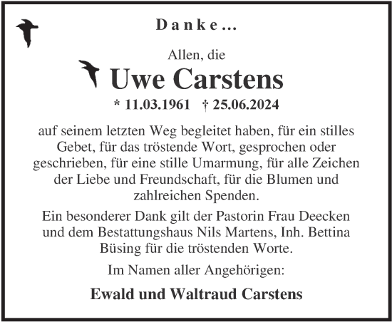 Traueranzeige von Uwe Carstens von Nordwest-Zeitung