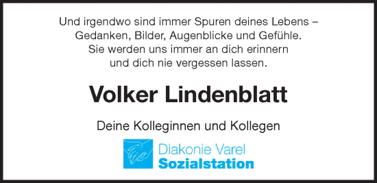 Traueranzeige von Volker Lindenblatt von Nordwest-Zeitung